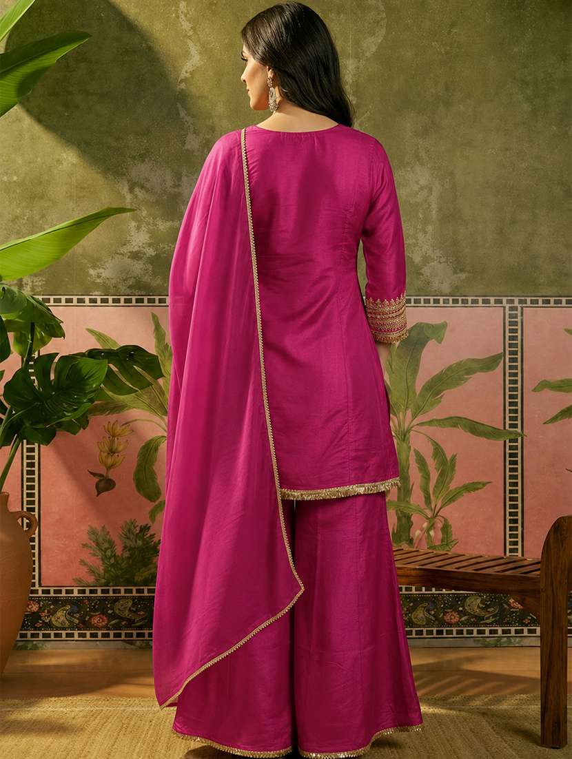 Women Embroidered Three Quarter Sleeves Kurta Sharara Set With Dupatta - 22702917 -  Standard Image - 2