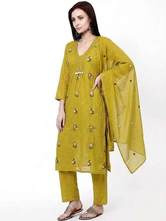 Women Embroidered Three Quarter Sleeves Kurta Pant Set With Dupatta - 22703020 -  Standard Image - 2