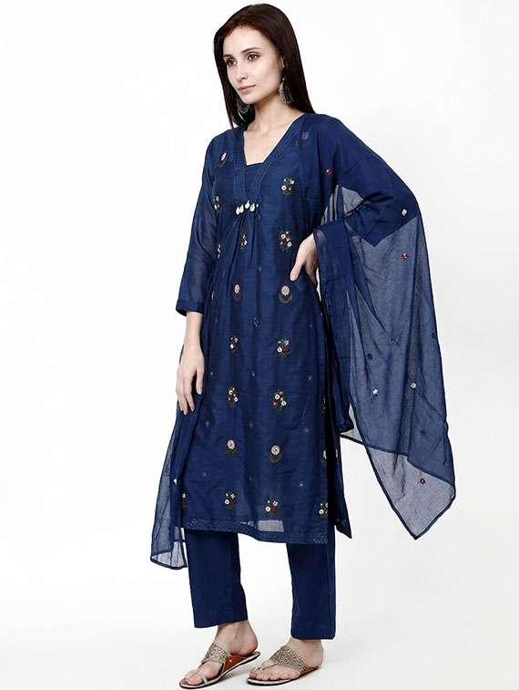 Women Embroidered Three Quarter Sleeves Kurta Pant Set With Dupatta - 22703023 -  Standard Image - 2