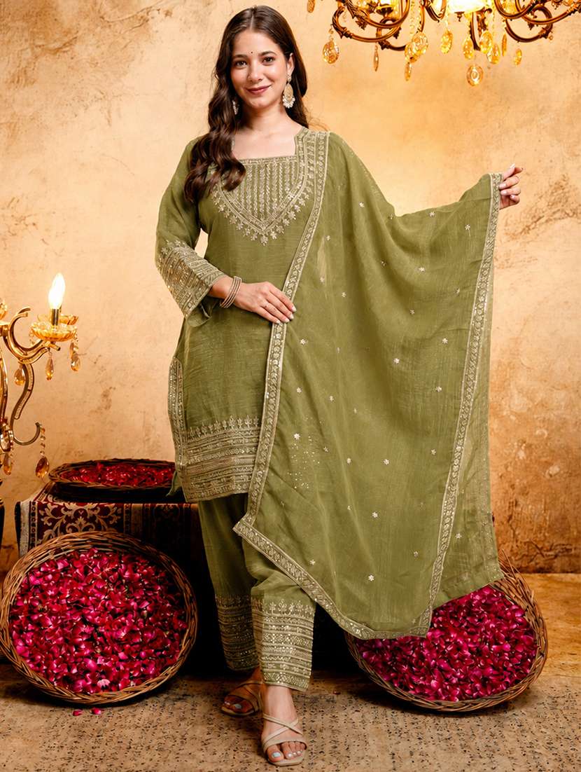 women embroidered long sleeves kurta salwar set with dupatta