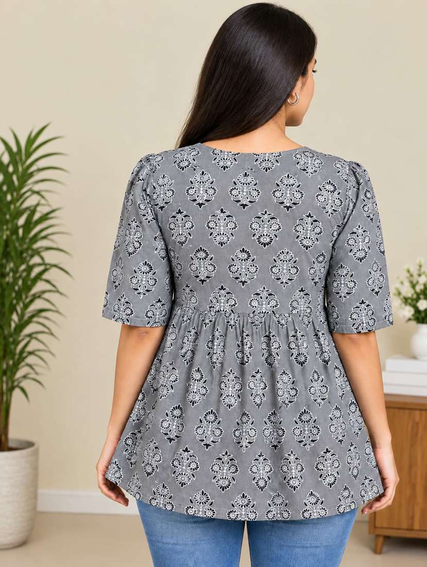 Women Printed Three Quarter Sleeves Flared Kurti - 22704449 -  Standard Image - 2