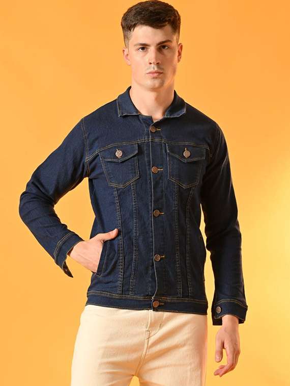 men solid long sleeve denim casual jacket