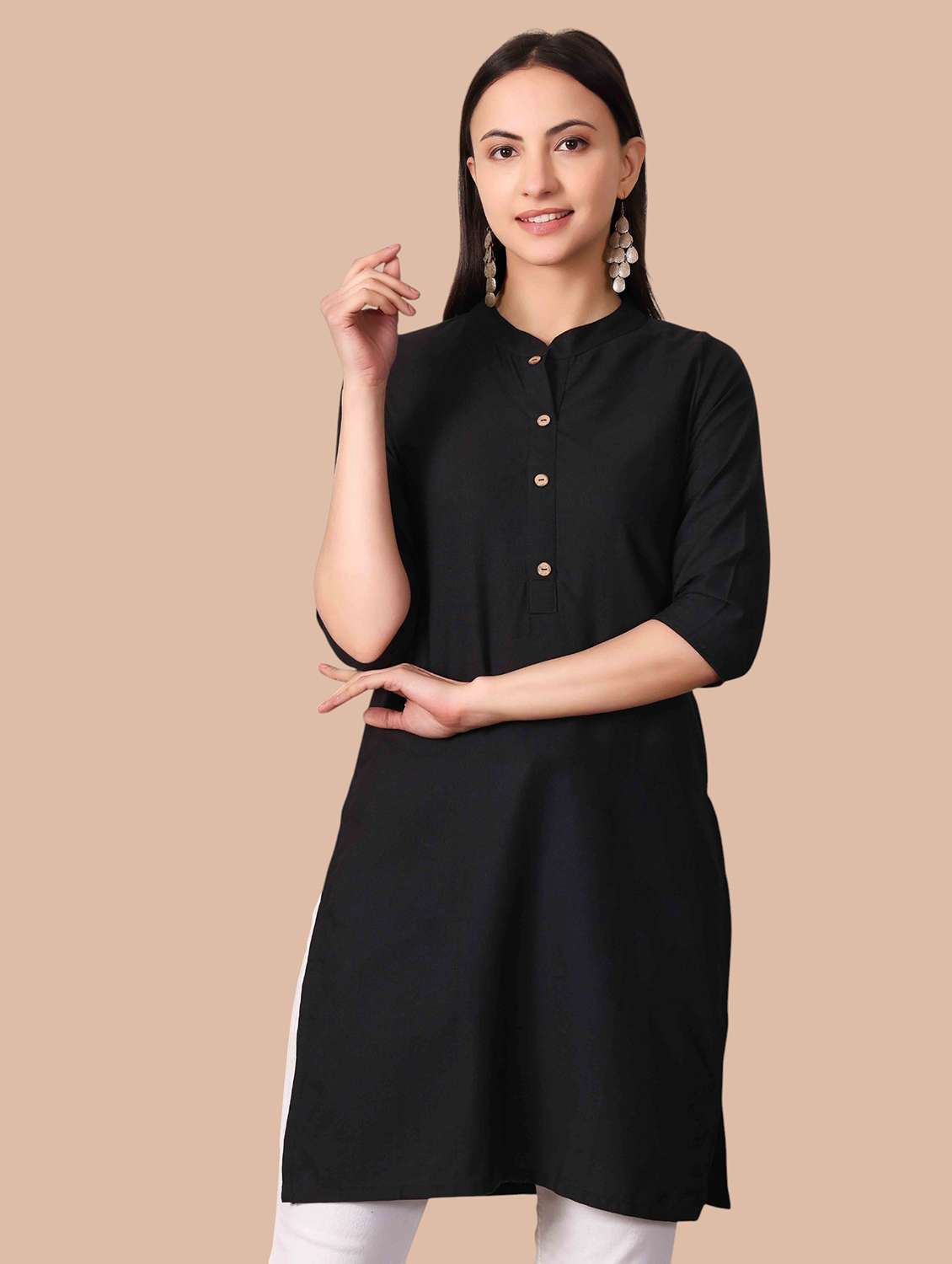 Women Solid Three Quarter Sleeves Straight Kurti - 22704484 -  Standard Image - 2