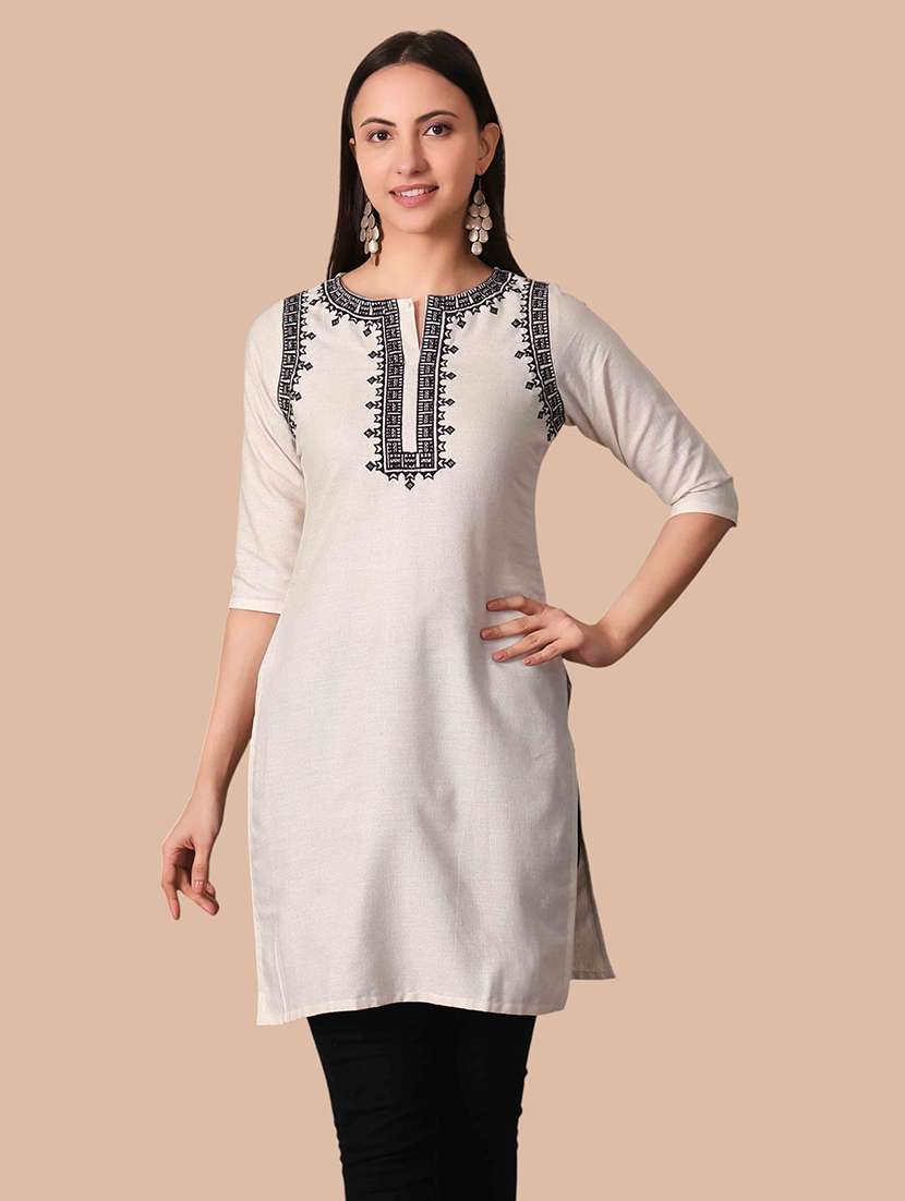 Women Embroidered Three Quarter Sleeves Straight Kurti - 22704485 -  Standard Image - 2