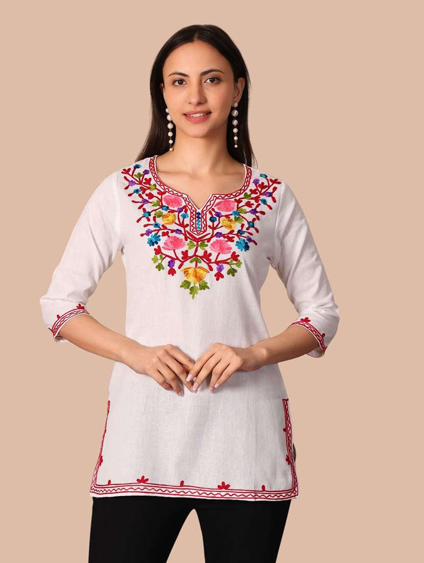 Women Embroidered Three Quarter Sleeves Straight Kurti - 22704596 -  Standard Image - 2
