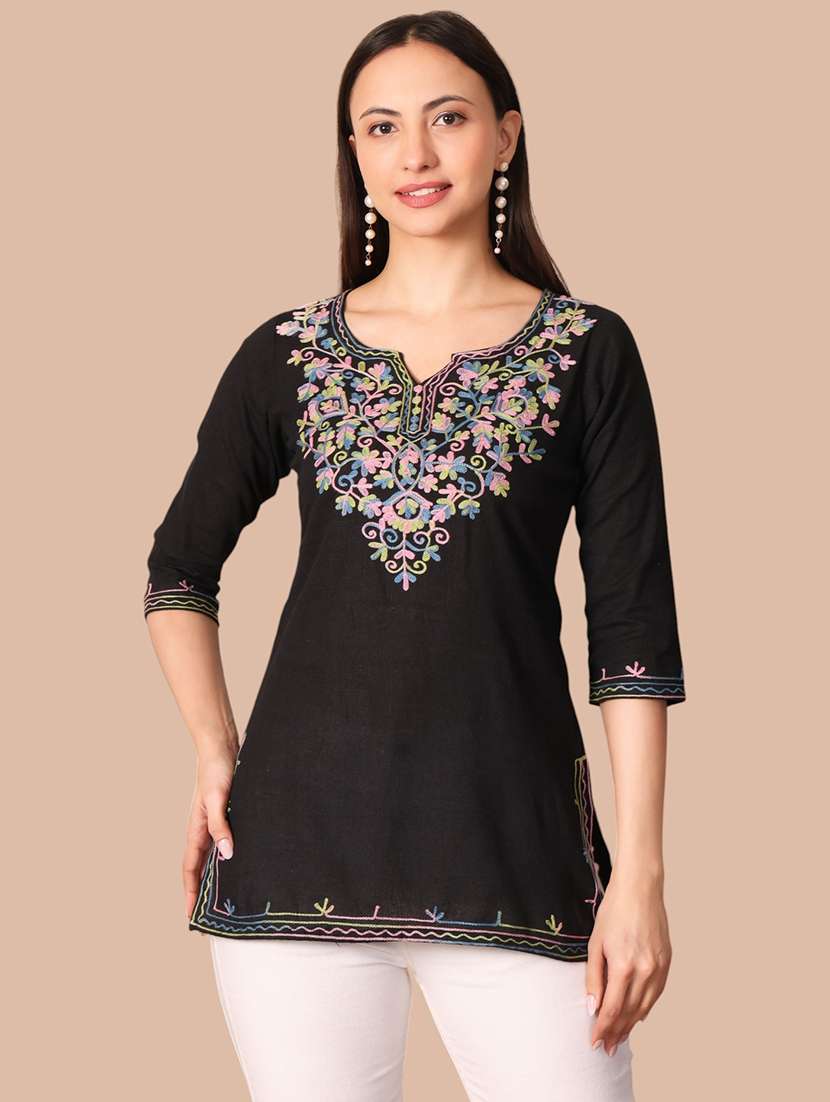 Women Embroidered Three Quarter Sleeves Straight Kurti - 22704602 -  Standard Image - 2