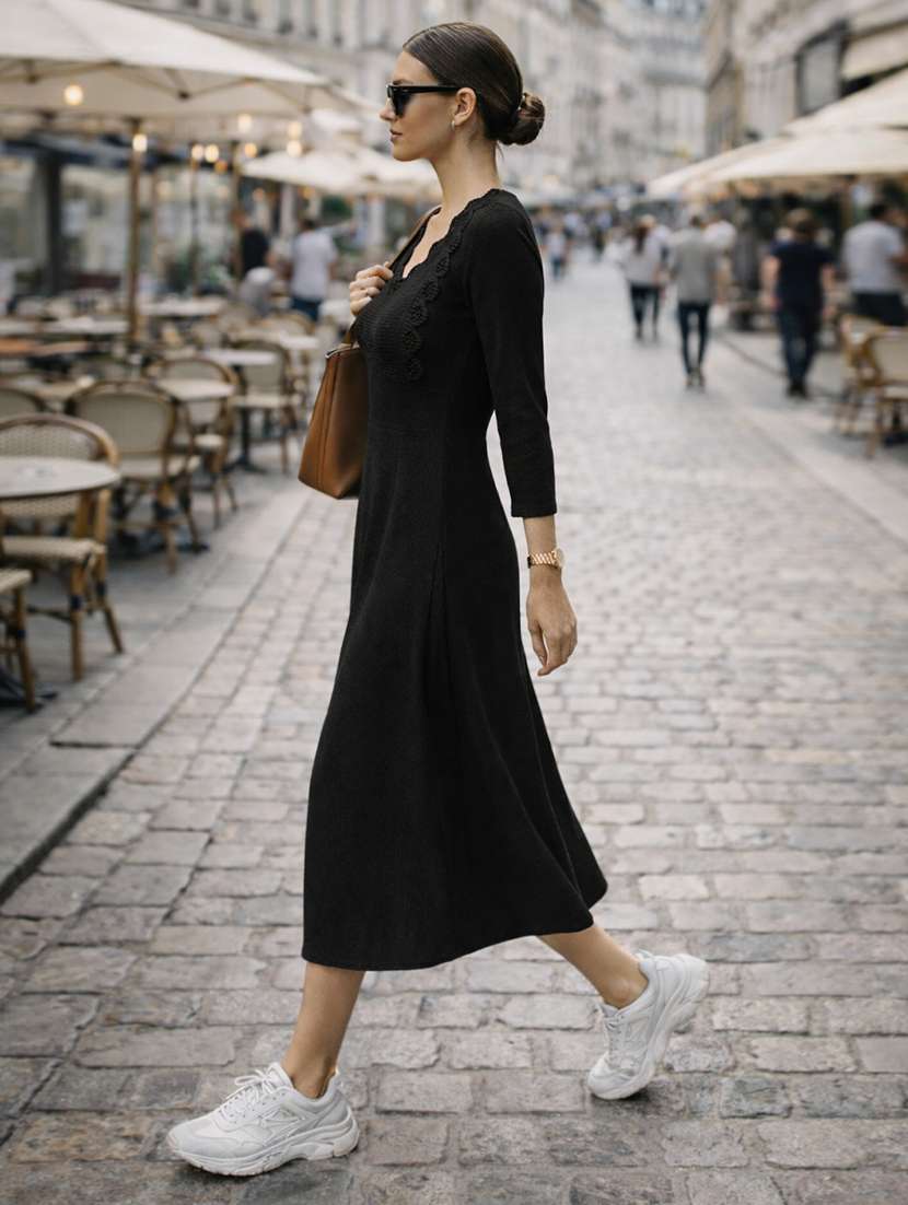 Women Self Design Three Quarter Sleeves A-line Dress - 22704932 -  Standard Image - 2