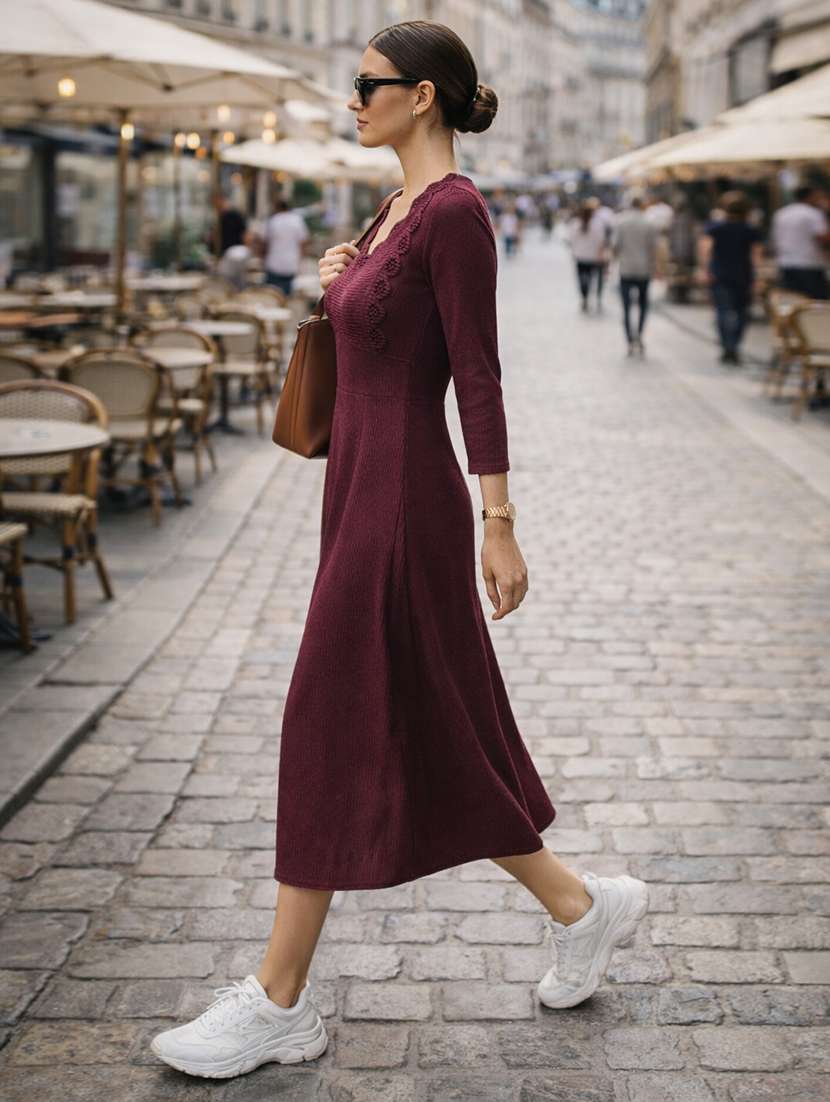 Women Self Design Three Quarter Sleeves A-line Dress - 22704934 -  Standard Image - 2