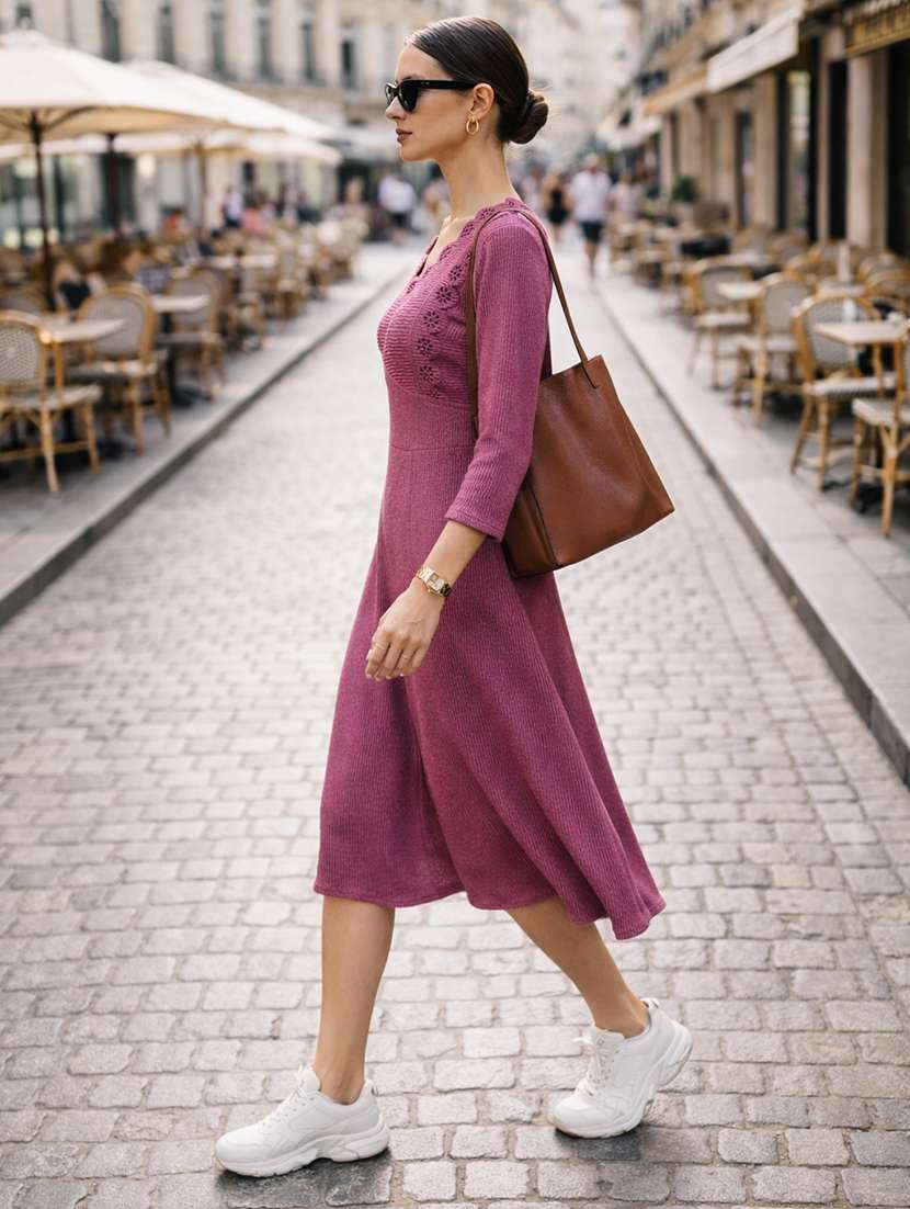 Women Self Design Three Quarter Sleeves A-line Dress - 22704935 -  Standard Image - 2