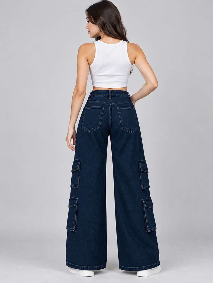 Women Solid High Rise Relaxed Fit Cargo - 22706044 -  Standard Image - 2
