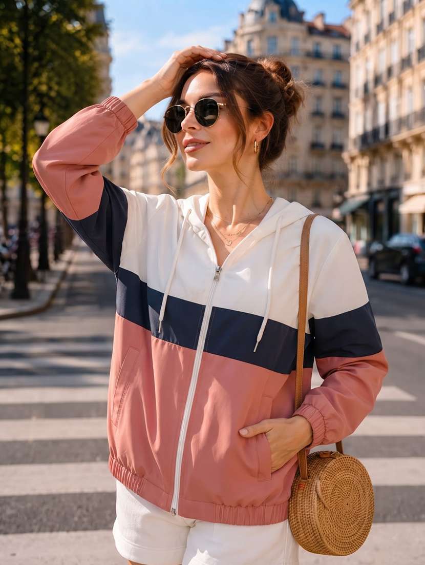 women color block long sleeve windcheater jacket