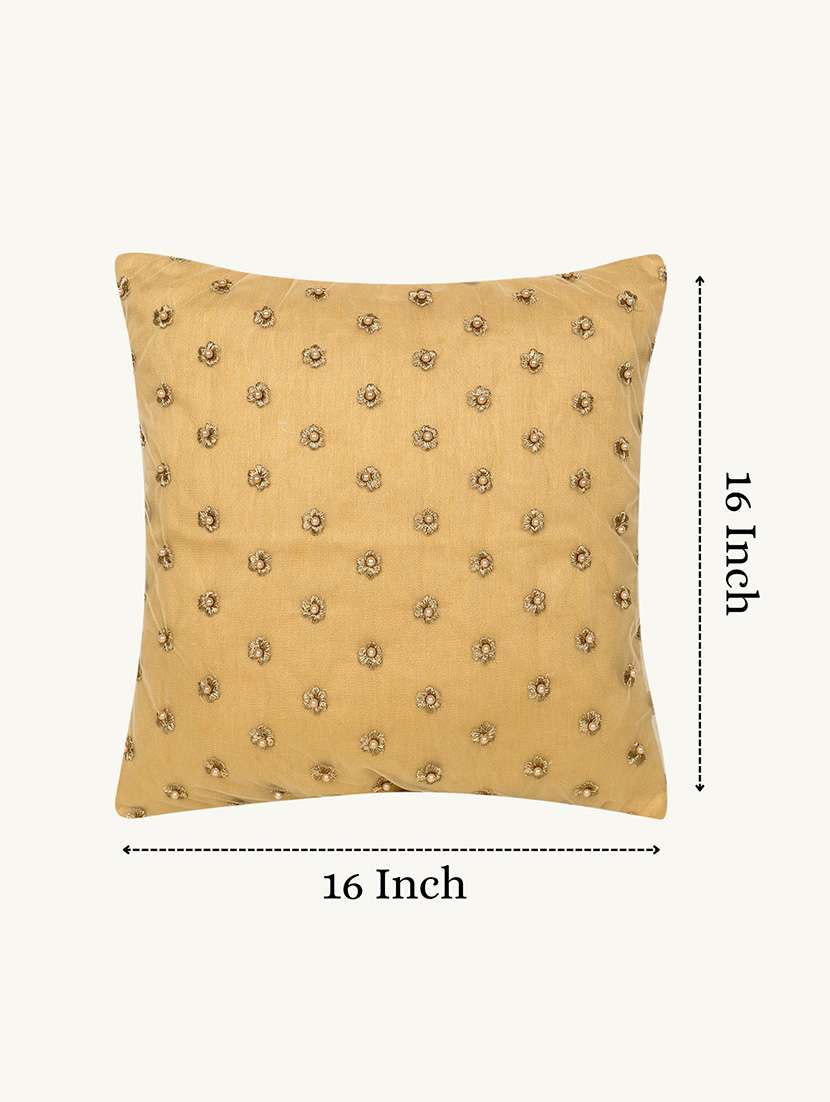 Mezposh Gold Floral Embroidered Faux Silk Cushion Cover (16"x16") - 22707235 -  Standard Image - 2