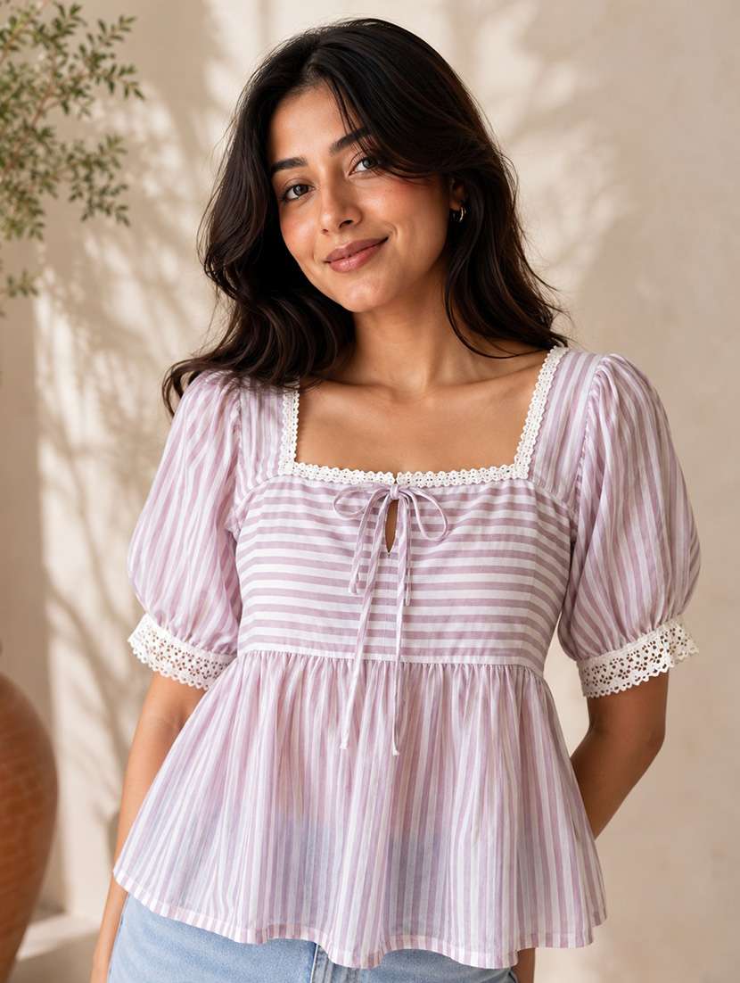 Women Striped Short Sleeves Peplum Top - 22707295 -  Standard Image - 2