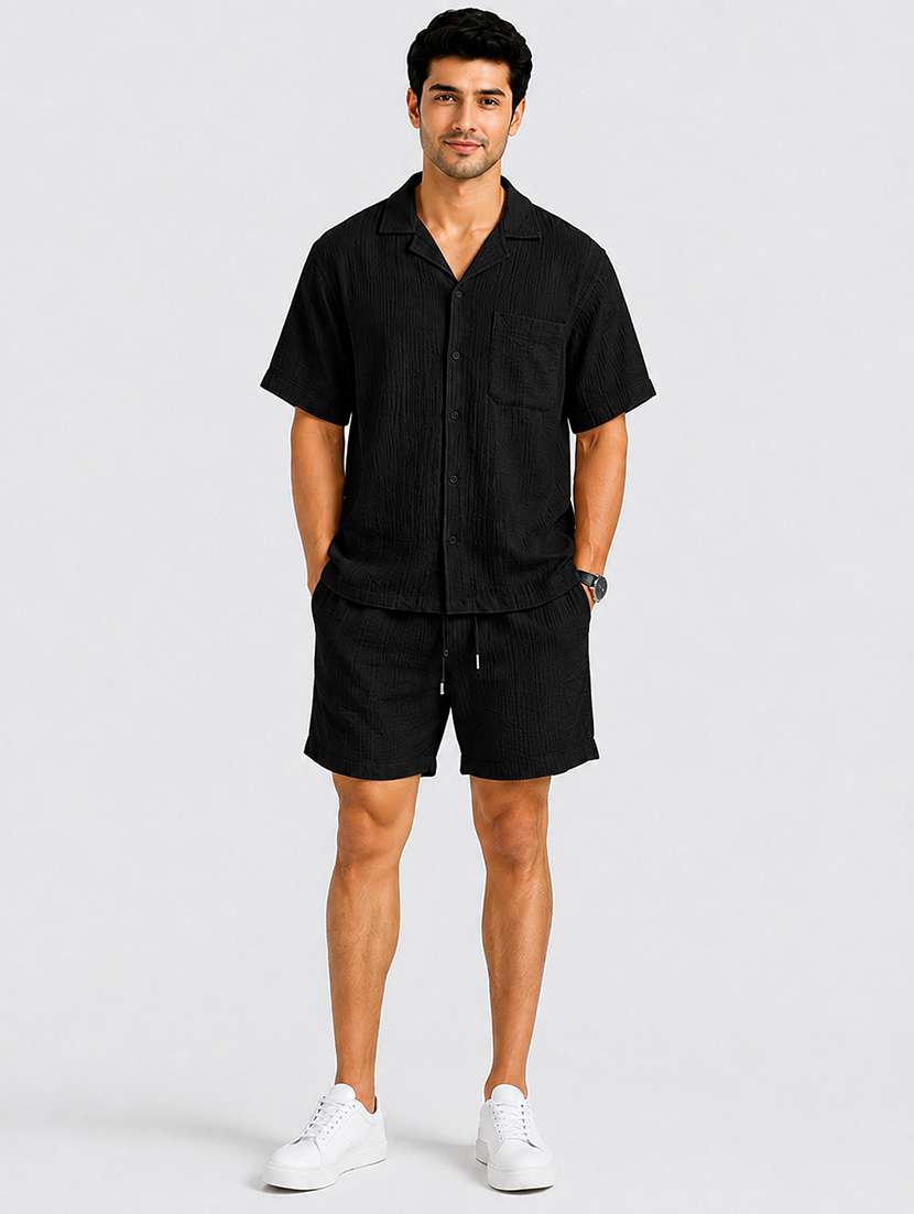 Men Textured Short Sleeves Shirt And Shorts Co-ord Set - 22707307 -  Standard Image - 2