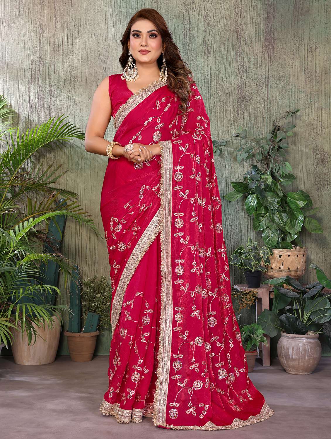 women solid with work embroidered saree with blouse