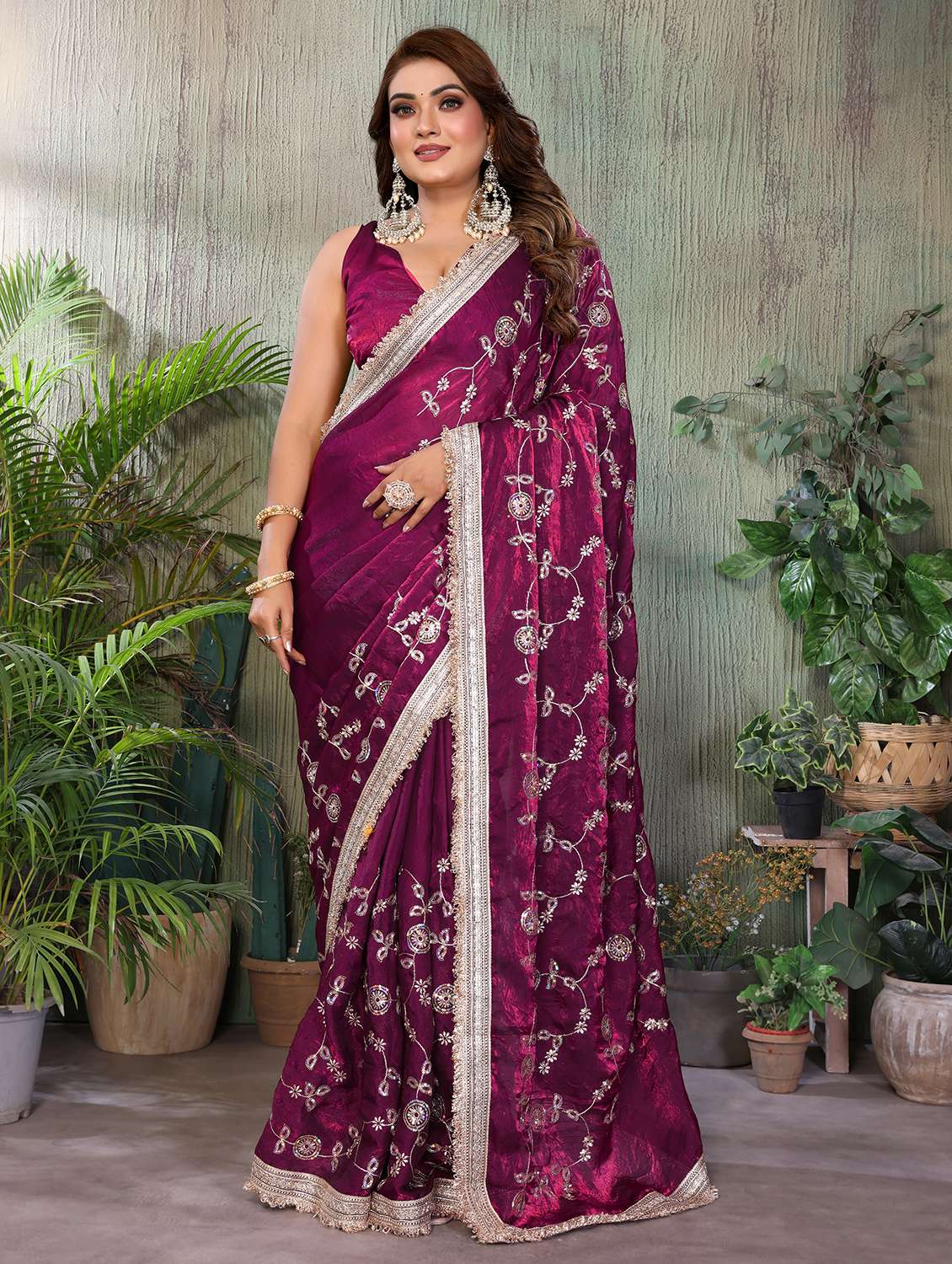 women solid with work embroidered saree with blouse