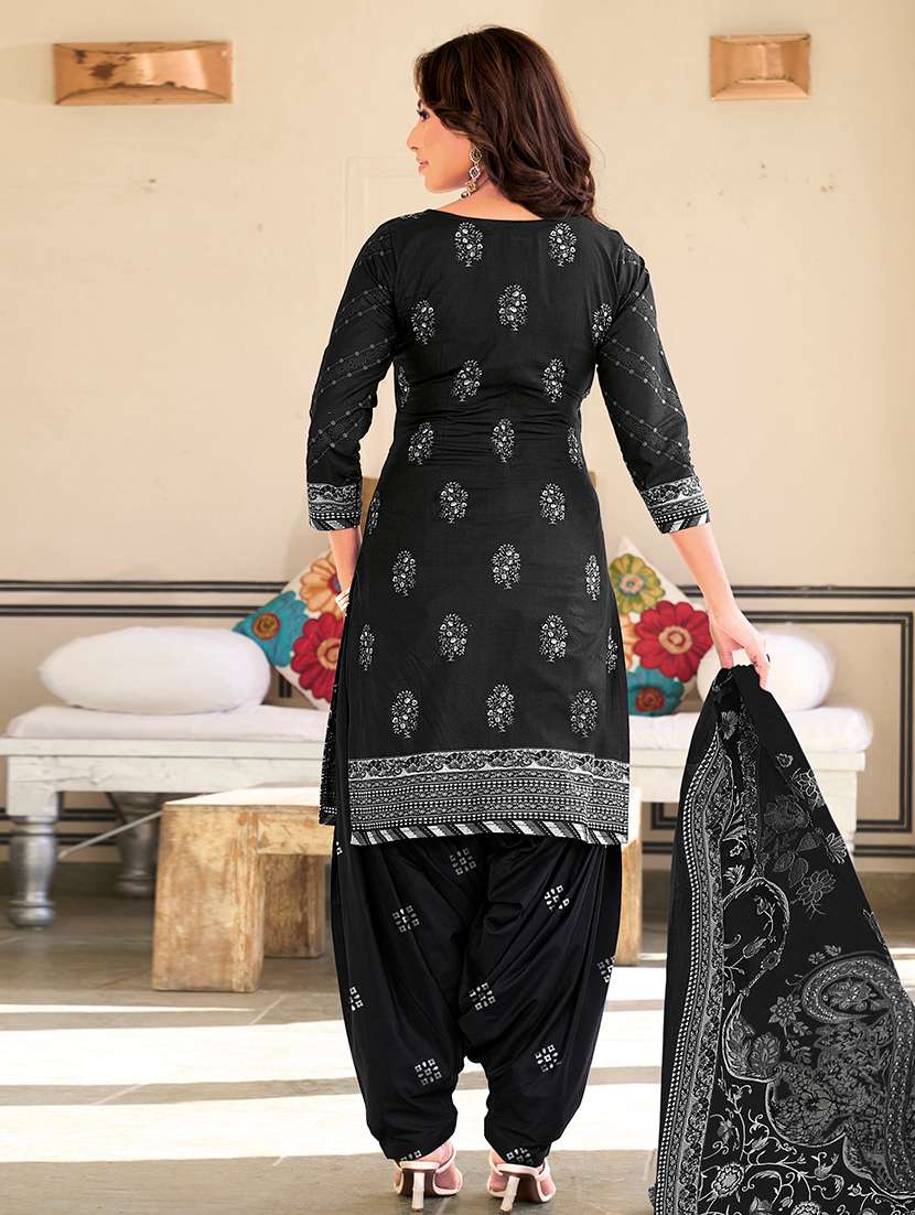 Black Cotton Unstitched Suit - 22714158 -  Standard Image - 2