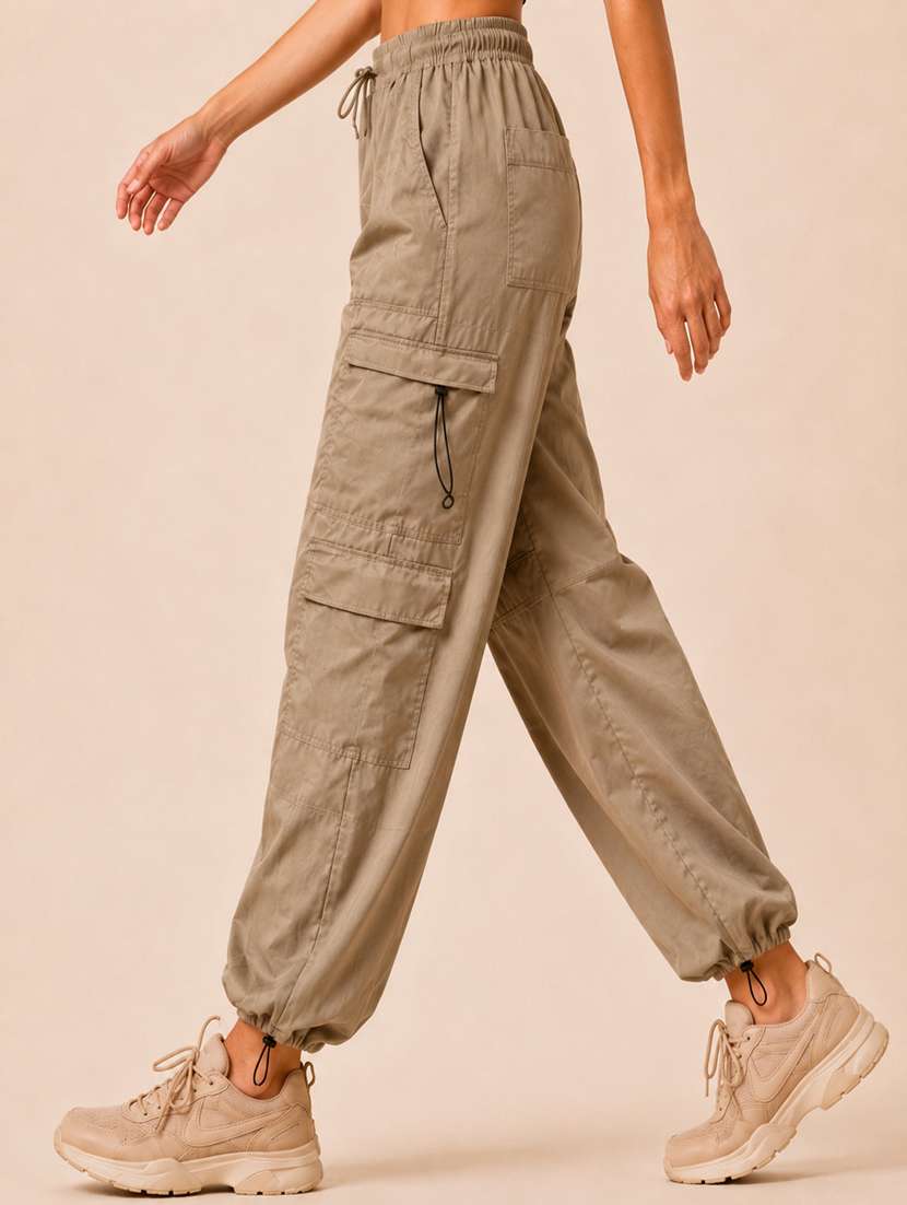 Women Solid High Rise Relaxed Fit Cargo - 22718723 -  Standard Image - 2