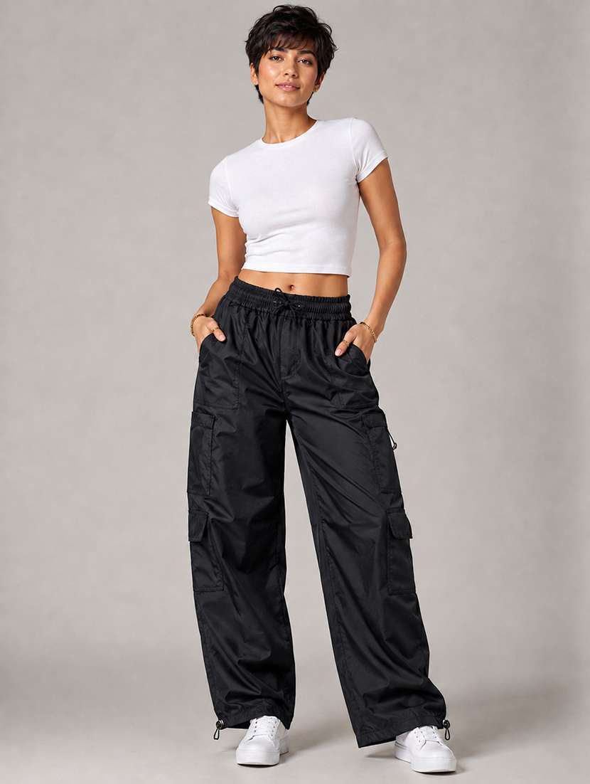 Women Solid High Rise Relaxed Fit Cargo - 22718724 -  Standard Image - 2