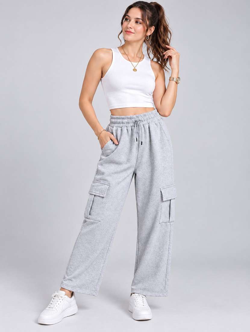 Women Solid High Rise Relaxed Fit Cargo - 22718729 -  Standard Image - 2