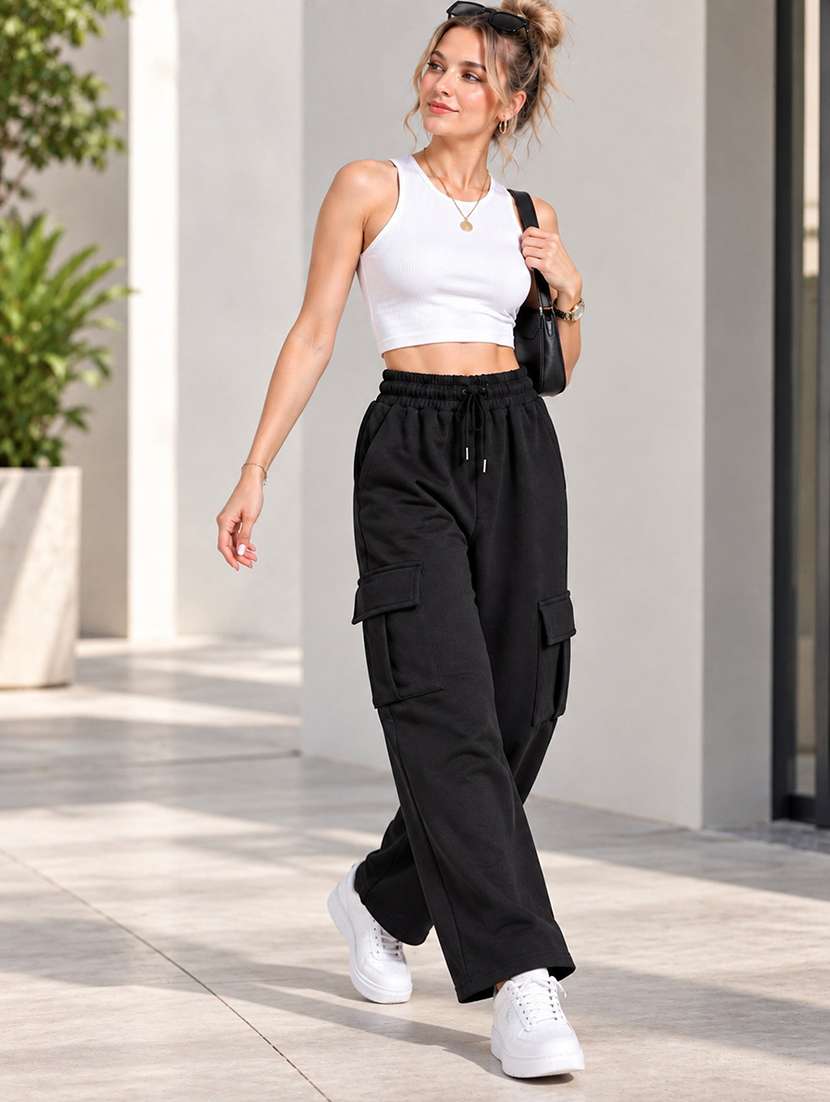 Women Solid High Rise Relaxed Fit Cargo - 22718730 -  Standard Image - 2