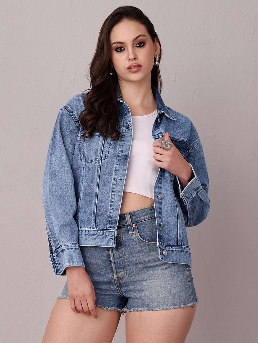 Women Solid Long Sleeves Denim Jacket - 22719377 -  Standard Image - 2