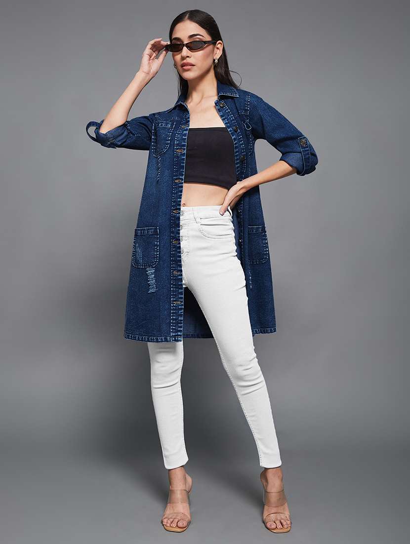 women distressed long sleeves denim jacket