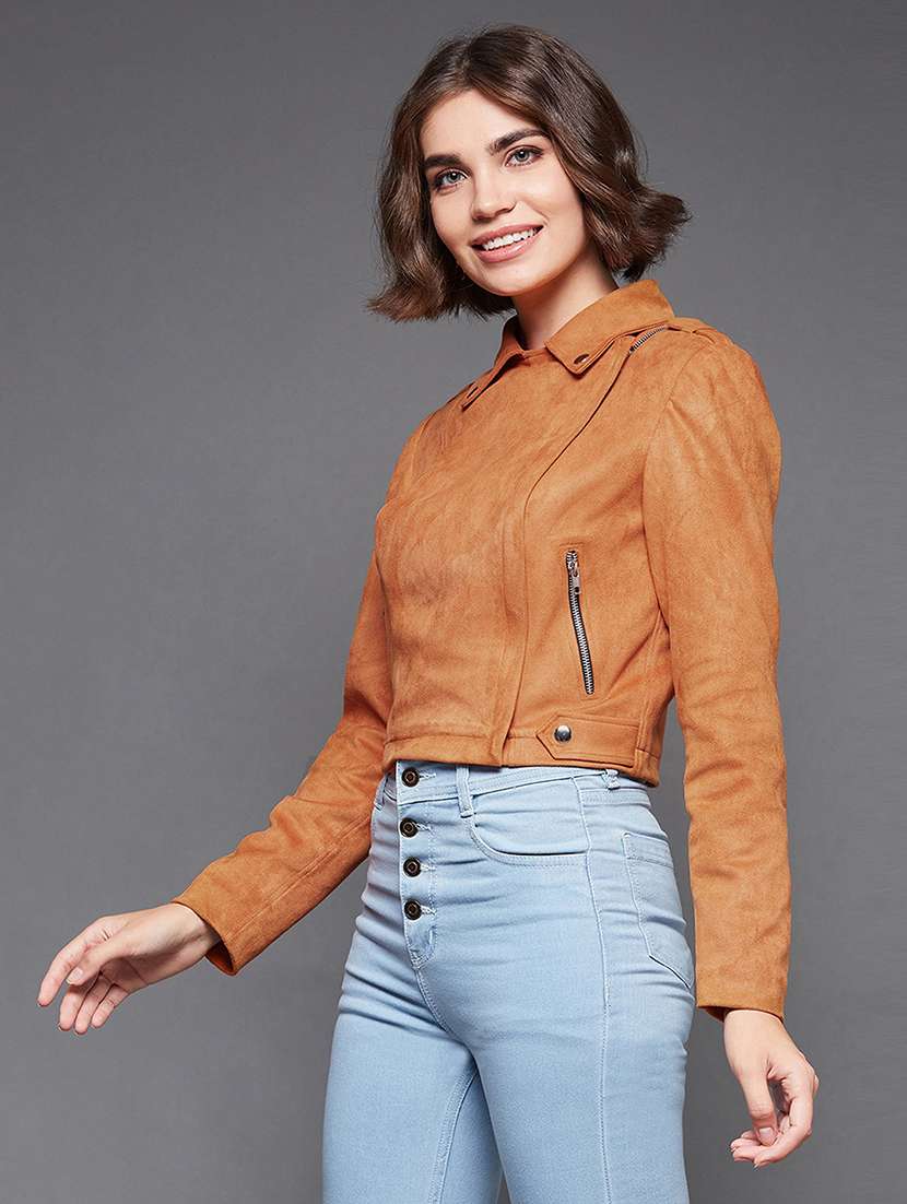 Women Solid Long Sleeves Biker Jacket - 22719408 -  Standard Image - 2