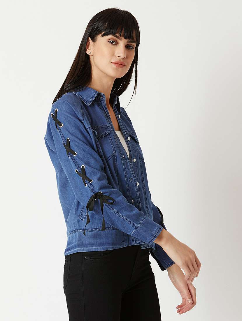 Women Solid Long Sleeves Denim Jacket - 22719460 -  Standard Image - 2