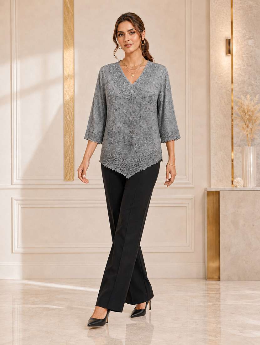 Women Embroidered Three Quarter Sleeves Regular Top - 22719480 -  Standard Image - 2