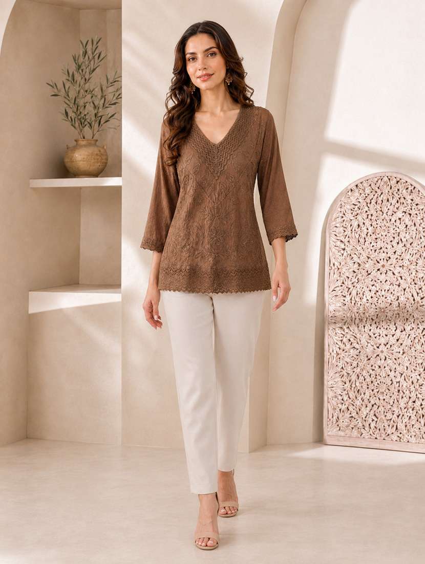 Women Embroidered Three Quarter Sleeves Straight Kurti - 22719482 -  Standard Image - 2