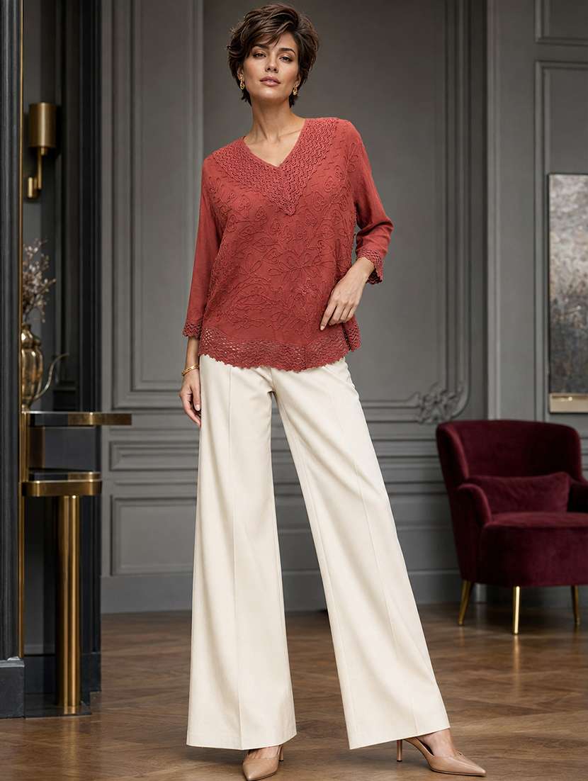 Women Embroidered Three Quarter Sleeves Regular Top - 22719484 -  Standard Image - 2