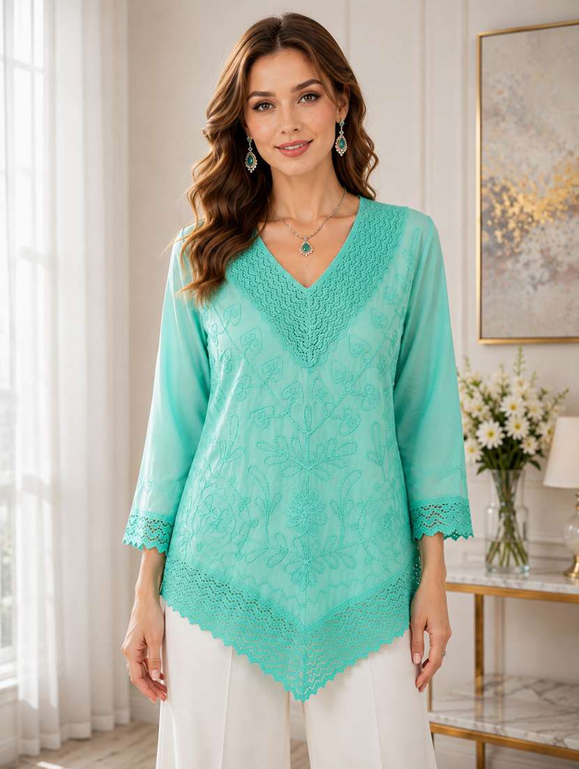Women Embroidered Three Quarter Sleeves Straight Kurti - 22719486 -  Standard Image - 2