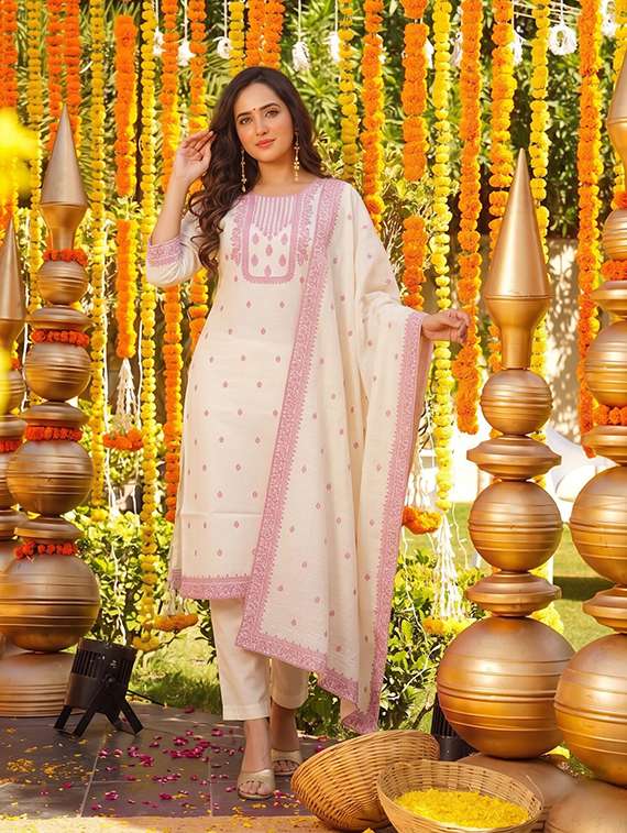Women Self Design Three Quarter Sleeves Kurta Pant Set With Dupatta - 22719613 -  Standard Image - 2