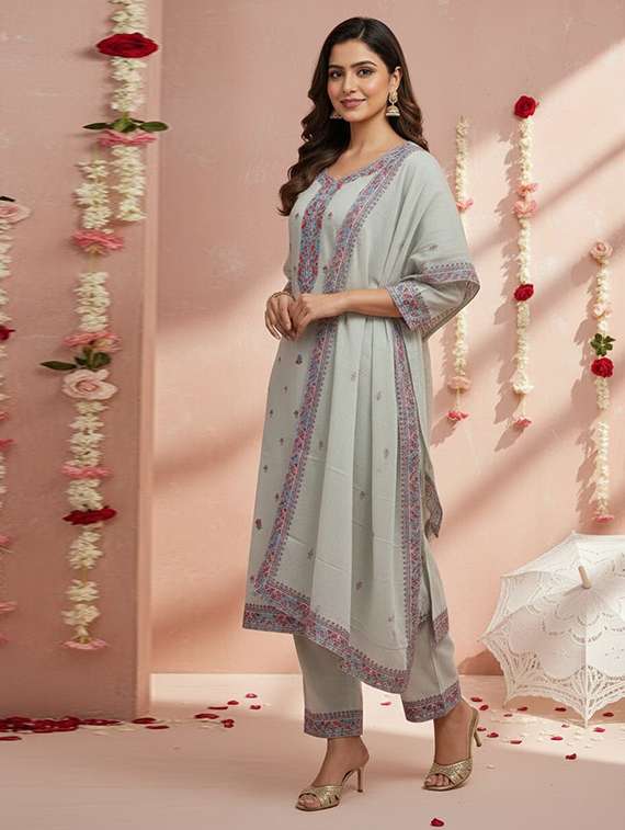 Women Self Design Three Quarter Sleeves Kurta Pant Set With Dupatta - 22719615 -  Standard Image - 2