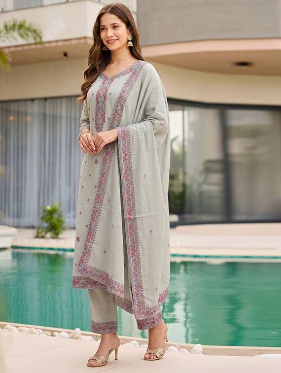Women Self Design Three Quarter Sleeves Kurta Pant Set With Dupatta - 22719616 -  Standard Image - 2