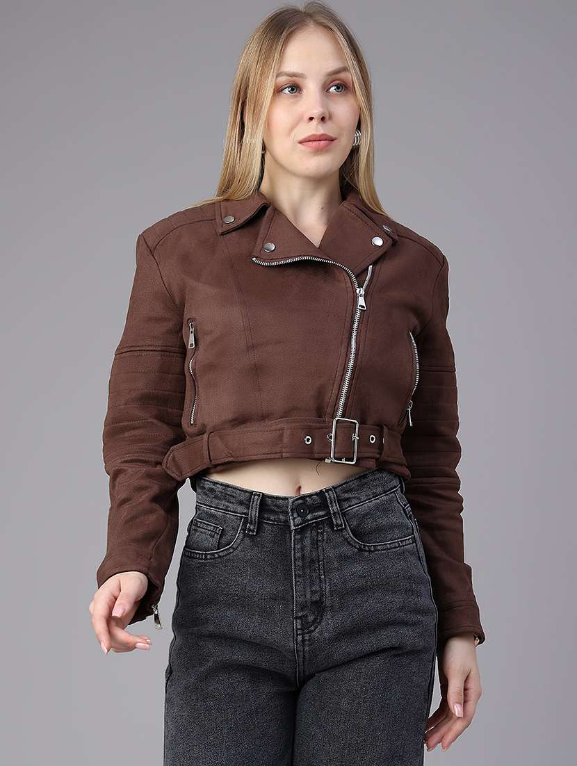 Women Solid Long Sleeves Biker Jacket - 22719706 -  Standard Image - 2