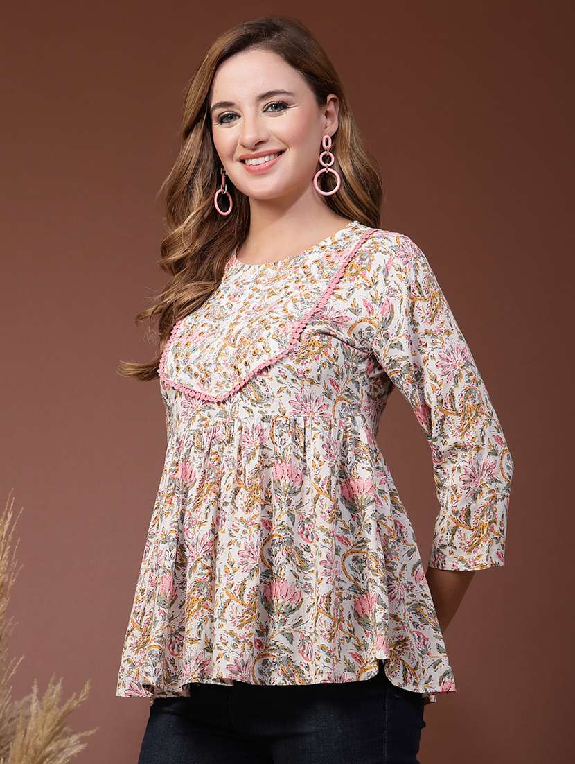 Women Printed Three Quarter Sleeves Flared Kurti - 22719761 -  Standard Image - 2