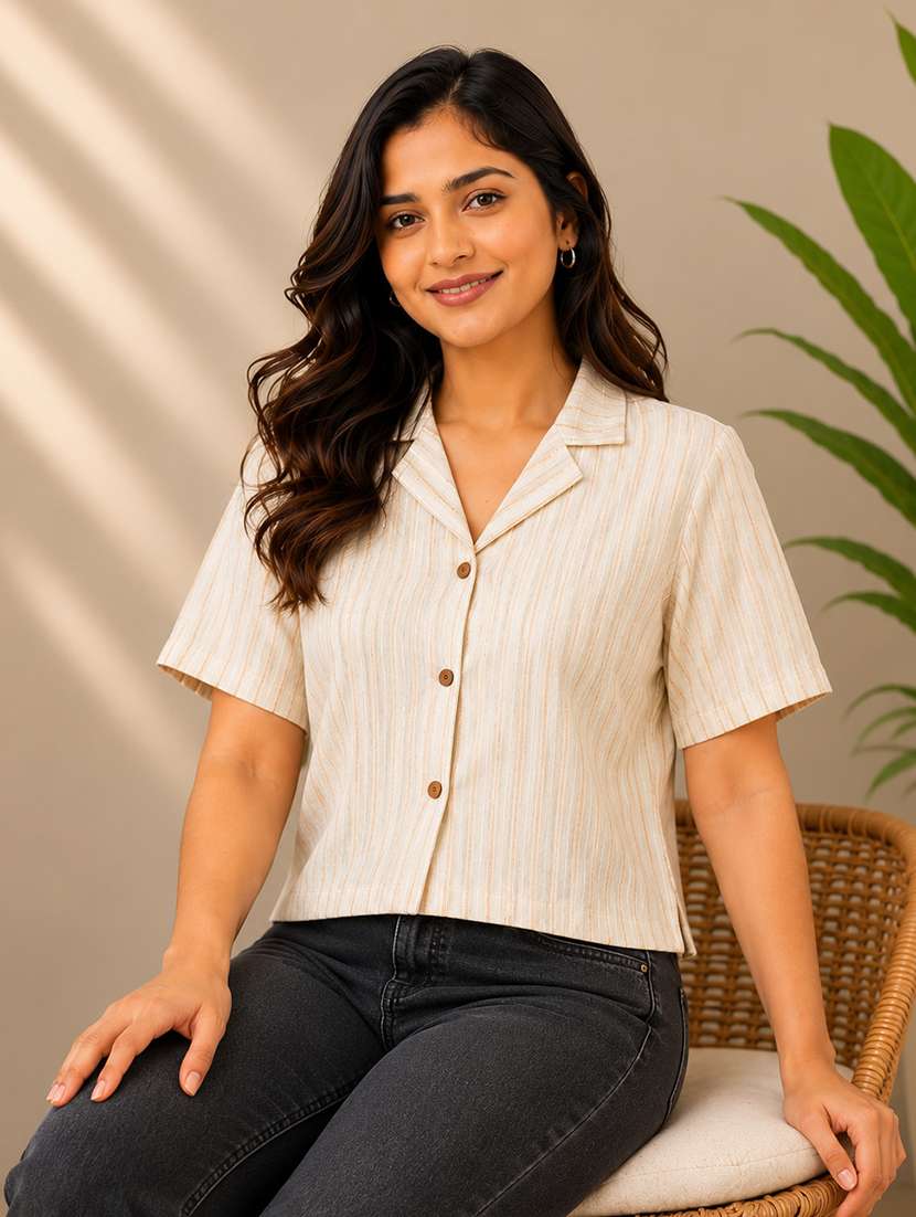 Women Striped Short Sleeves Shirt Style Top - 22719790 -  Standard Image - 2