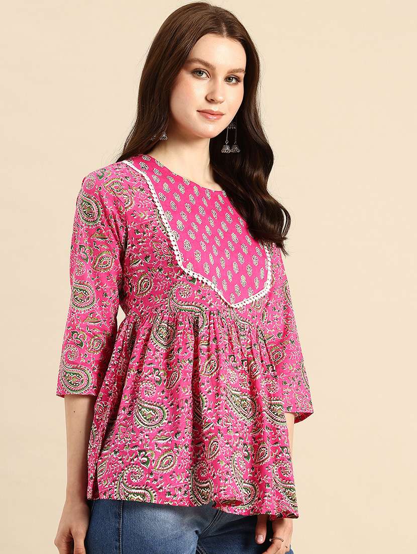 Women Printed Three Quarter Sleeves Flared Kurti - 22719800 -  Standard Image - 2