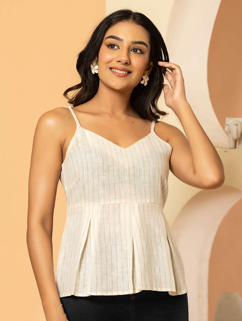 Women Striped Shoulder Strap Peplum Top - 22719804 -  Standard Image - 2