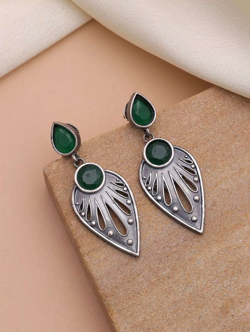 women oxidised green stone drop earrings