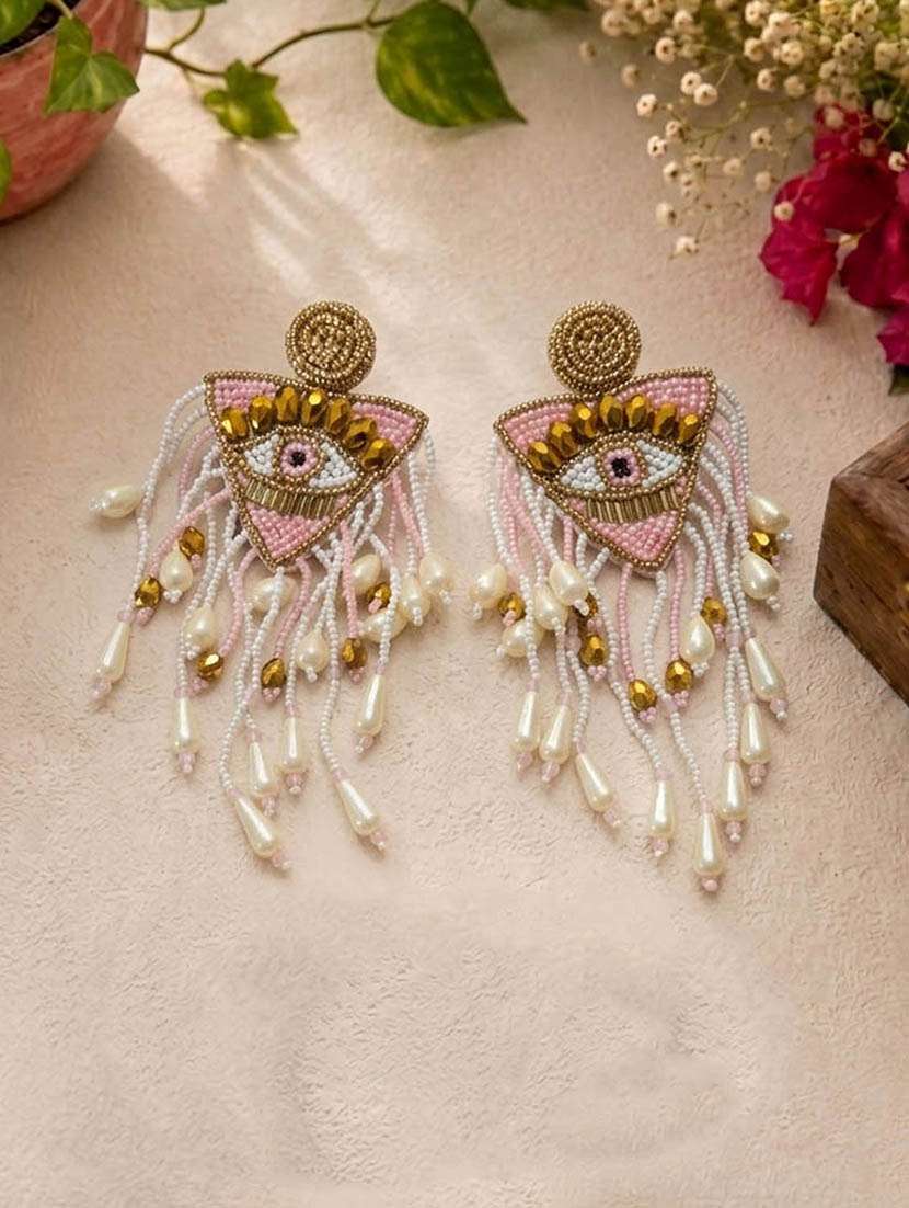 women multi coloured beaded drop earrings