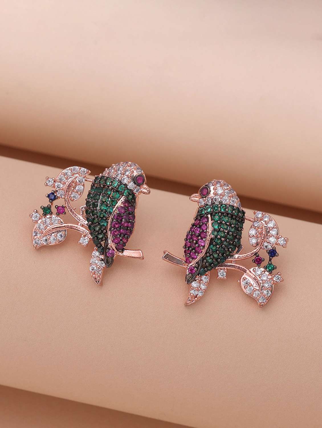 women multi colored drop earrings with birds and stones