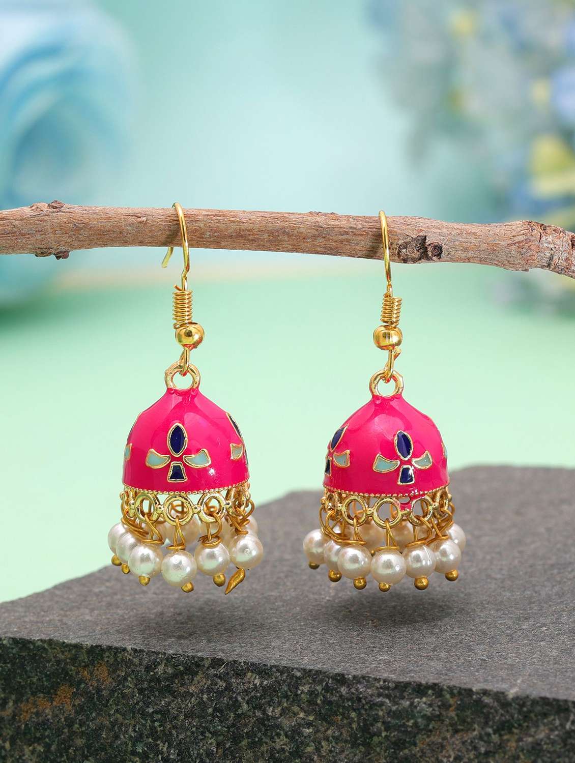 women green meenakari jhumka