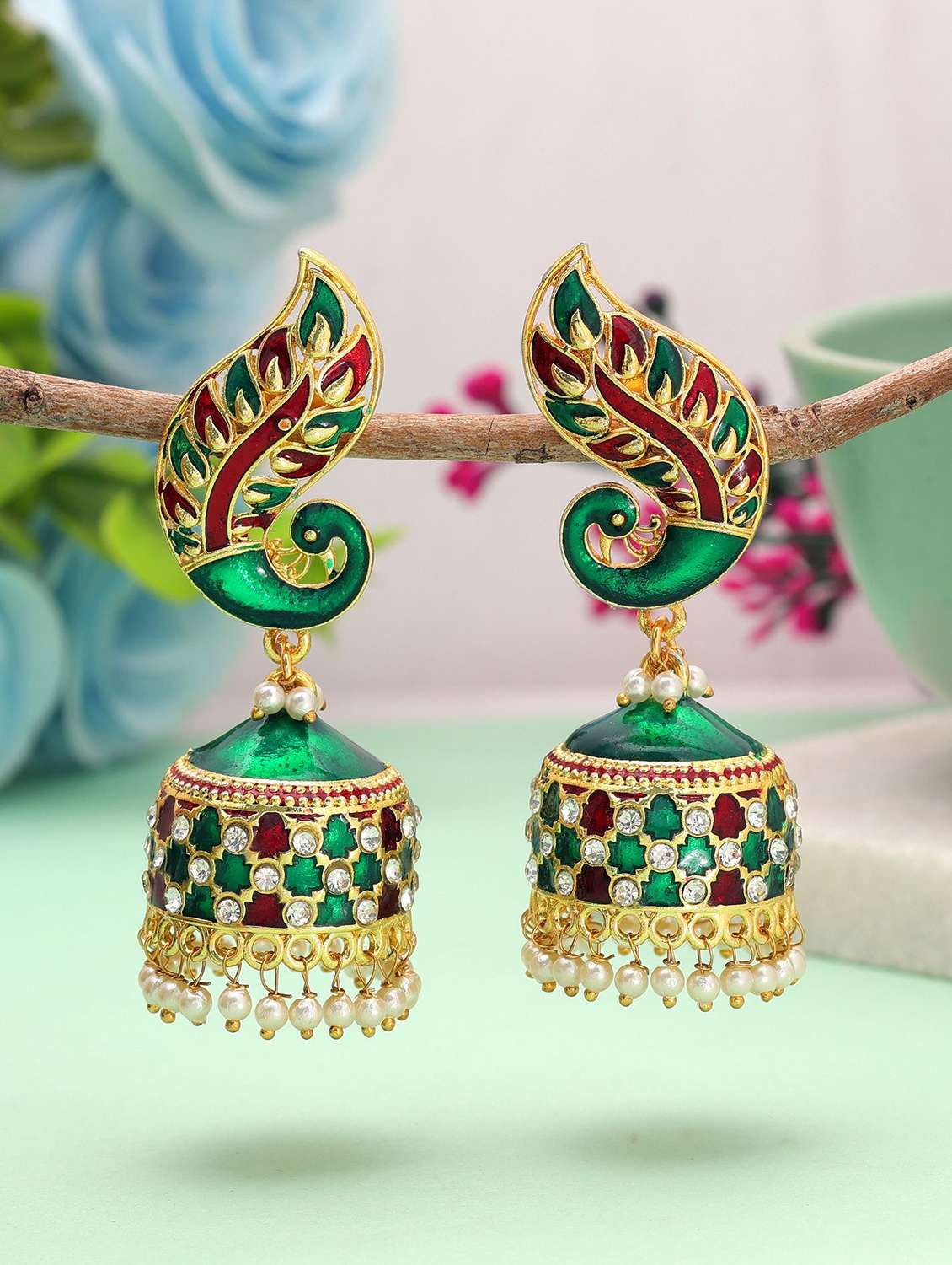 women green meenakari jhumka
