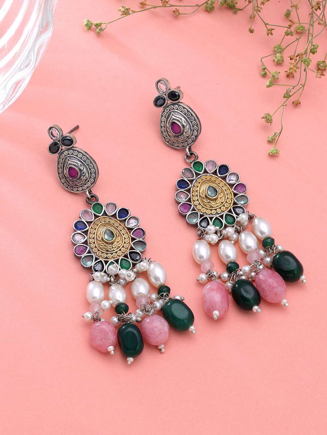 women oxidised multi coloured stone drop earrings