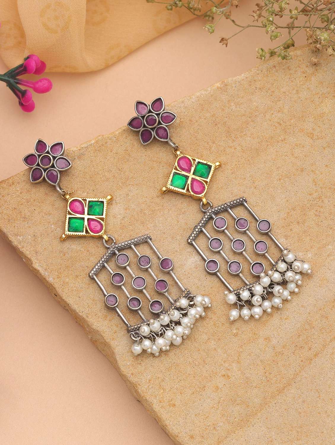 women multi coloured stone drop earrings