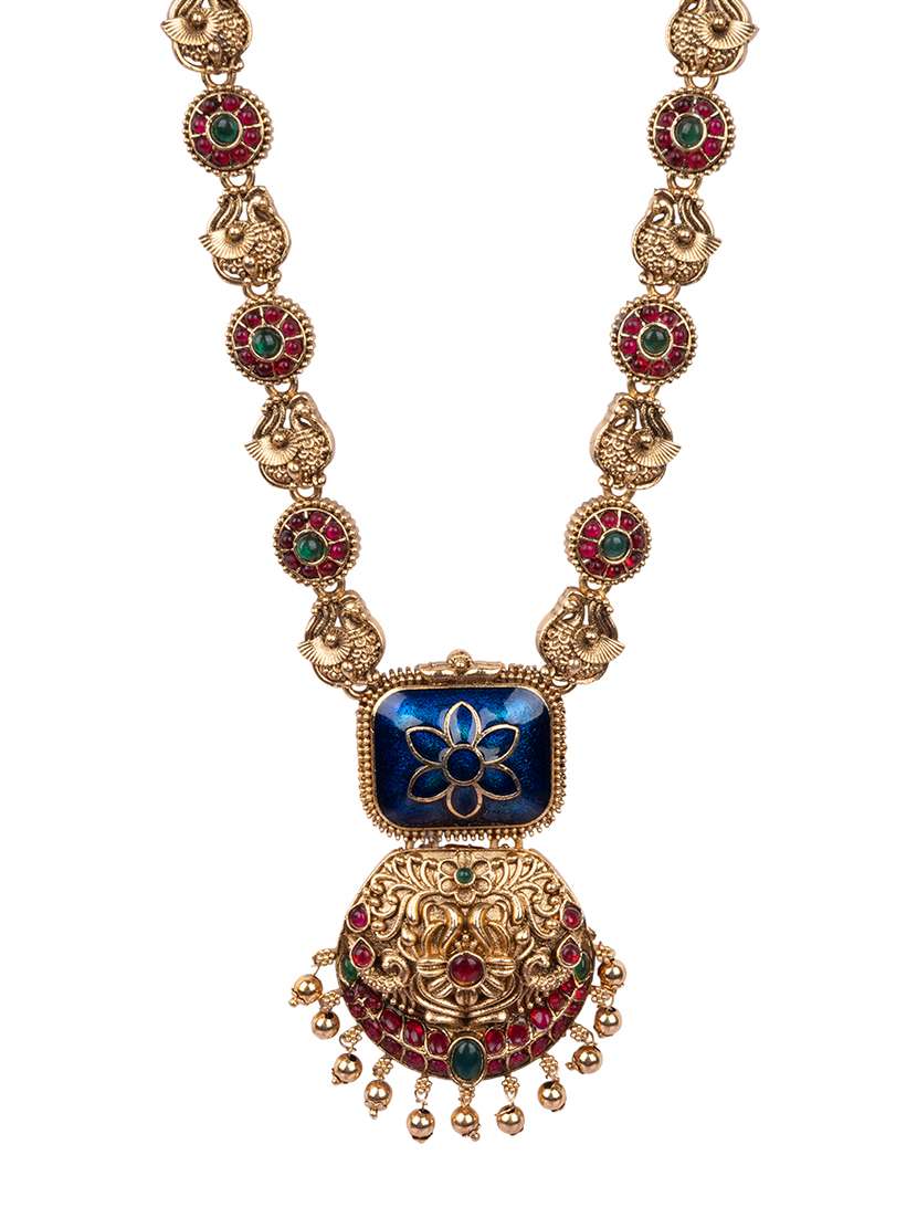 Temple Jewelry Set Antique Blue Gold Plated South Indian Style Necklace Set - 22720285 -  Standard Image - 2