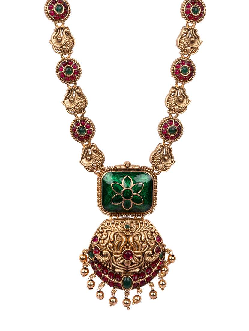 Temple Jewelry Set Antique Green Gold Plated South Indian Style Necklace Set - 22720286 -  Standard Image - 2